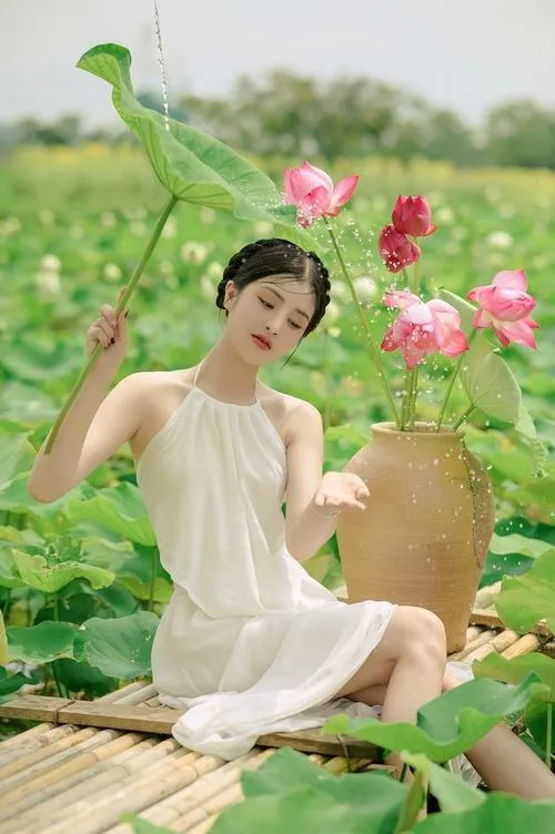 Ảnh hoa sen toàn cảnh ao sen dưới ánh sáng sớm.