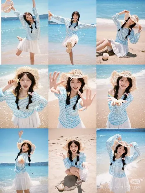 Pose chụp biển nghệ thuật nhấn chuyển động cơ thể trước bầu trời rộng.