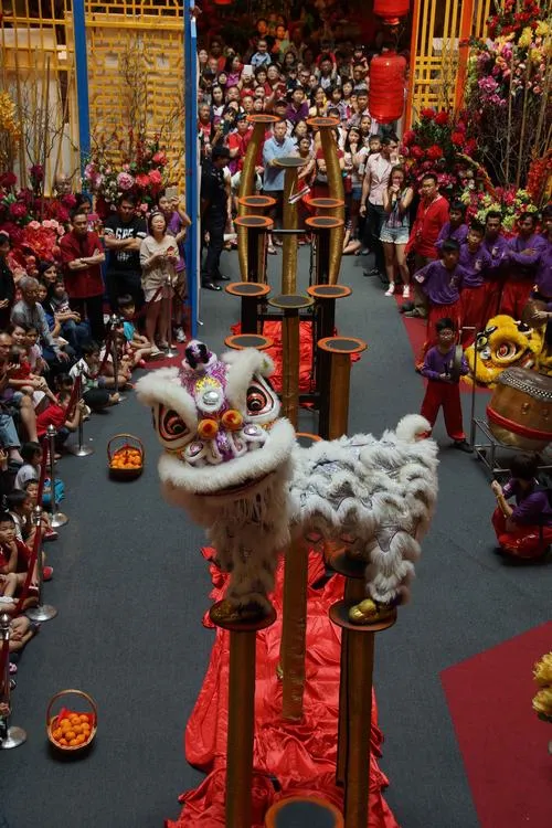 Đầu lân biểu cảm dưới ánh sáng lễ hội ấm áp đầu năm.