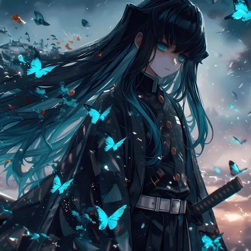 Nhân vật anime khoác áo choàng dài cầm kiếm katana đứng trong khói sương u tối