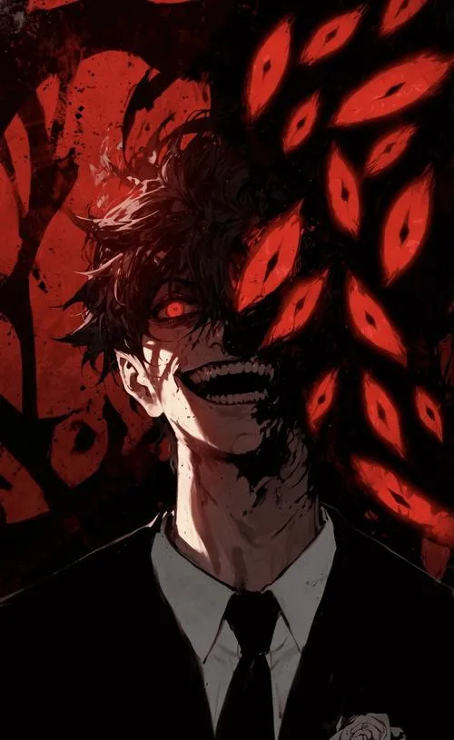 Bộ ảnh nam anime phong vị địa ngục, lửa tím khói xám và ánh nhìn vô cảm