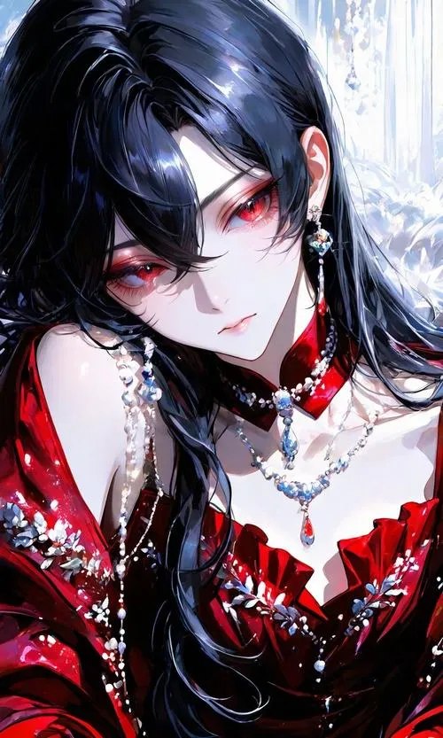 Ảnh nữ quỷ anime với mắt đỏ phát sáng và hào quang u ám