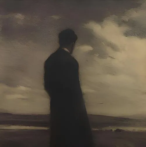 Gương mặt nam ẩn mình trong ánh sáng yếu đầy dư âm kéo dài.