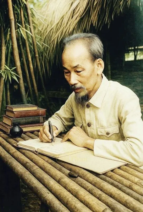 Chân dung Hồ Chí Minh với nụ cười hiền tạo cảm giác tôn kính sâu lắng