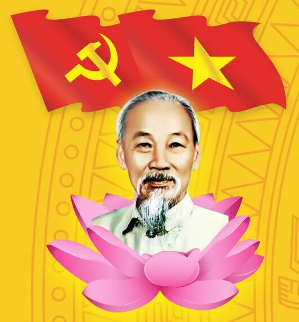 Ảnh Hồ Chí Minh bên hoa sen trong bố cục trung tâm trang nghiêm