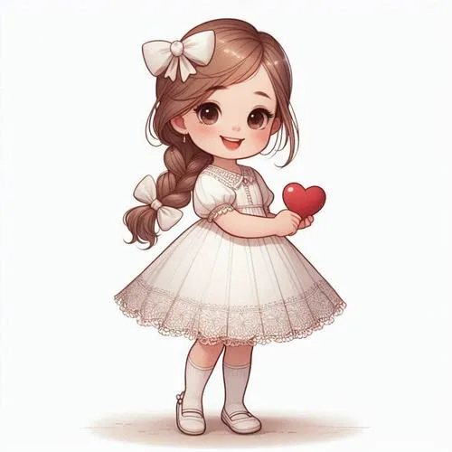 Nàng nhỏ váy kem bồng, tóc xoăn dài, ôm trái tim đỏ, vibe ngọt ngào.