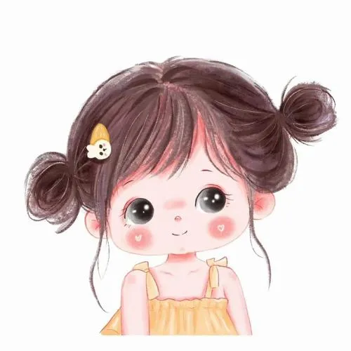 Cận mặt cô nhóc hai búi tóc, má hồng đậm, mắt to, áo vàng siêu cưng.