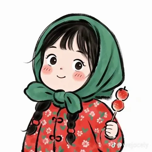 Nhân vật bé đội khăn xanh, váy đỏ chấm, má hồng, tay cầm quả mọng dễ thương.