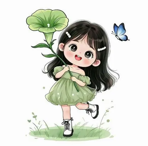 Cô nhóc váy xanh lá, nép sau lá sen, bướm bay quanh, dáng nhảy tinh nghịch.