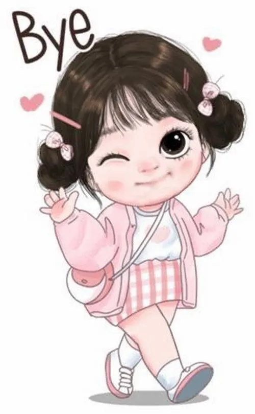 Nàng nhỏ mặc đồ ngủ hồng sọc, giơ tay chào, má ửng, chữ Bye siêu cưng.
