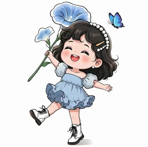 Cô bé váy xanh lam, cầm cành hoa, bướm lượn quanh, cười tít mắt rạng rỡ.