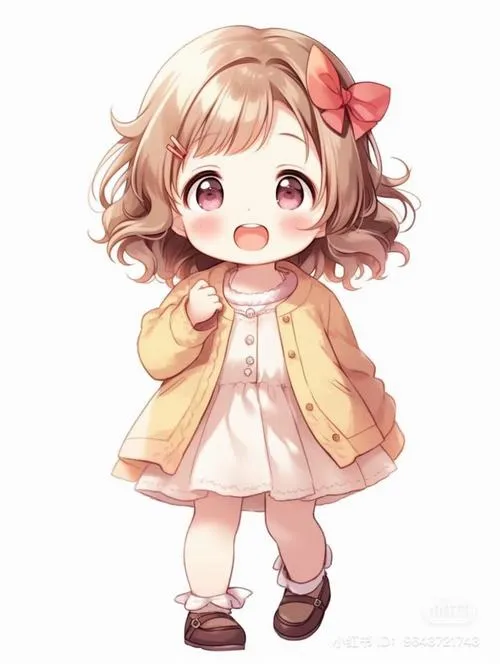 Nhóc con tóc xoăn, kẹp nơ, áo khoác vàng, váy hồng, nhìn ngây thơ dịu dàng.