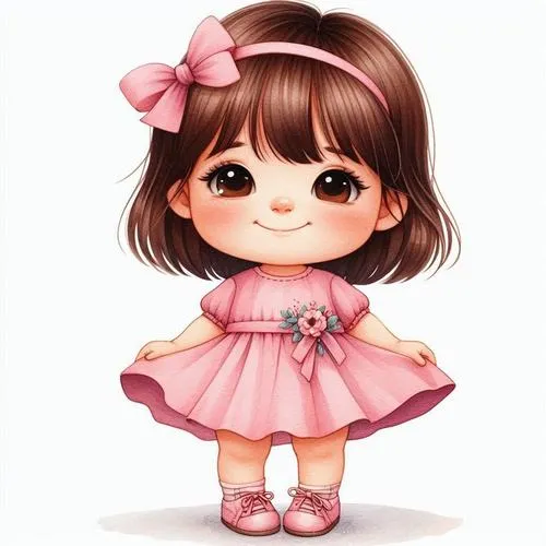 Nàng tí hon mắt to, tóc nâu nơ hồng, váy hồng xòe, đứng thẳng rất xinh.