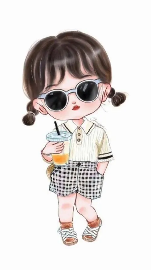 Cô nhóc đeo kính râm, tóc buộc gọn, áo khoác sáng màu, bước đi tự tin.