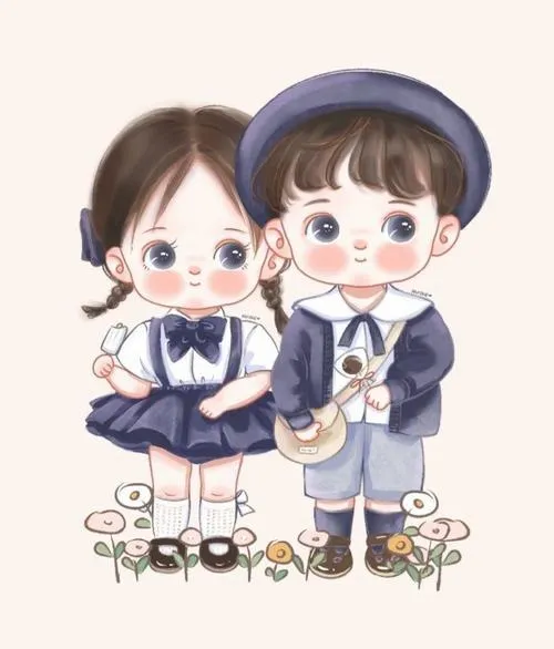 Bộ đôi học đường tí hon, bé gái và bé trai đội mũ, mắt tròn, đứng cạnh nhau.