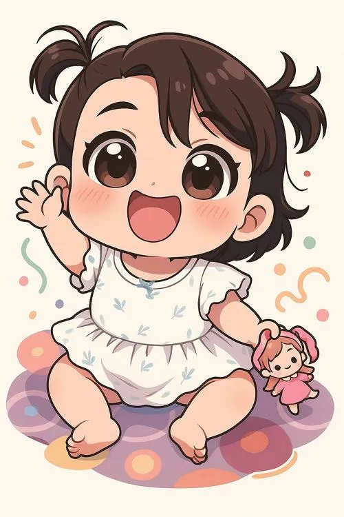 Hình ảnh chibi bé gái đáng yêu với má hồng, mắt to và váy xòe pastel