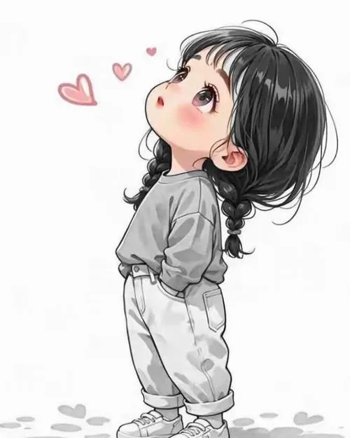 Nhân vật tóc ngắn bồng, áo xám, ngước nhìn tim hồng, nét dịu dàng đáng yêu.