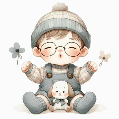 Cậu nhóc đội mũ len, kính tròn, ôm thú bông, tông màu ấm áp hiền lành.