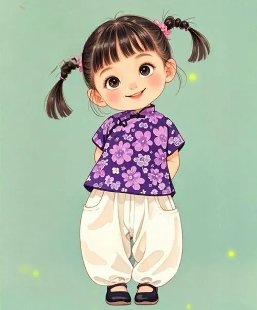 Cô nhóc tóc buộc hai bên, áo tím hoa, quần rộng sáng màu, đứng ngoan hiền.