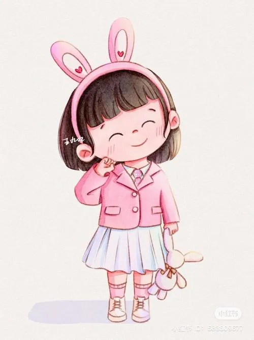 Nàng nhỏ đội tai thỏ, áo hồng, váy trắng, nhắm mắt cười, vibe kẹo ngọt