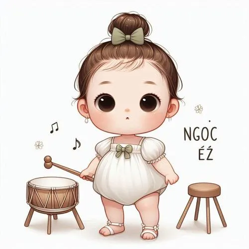Em bé tóc búi, đồ trắng, cạnh trống nhỏ, phong cách đáng yêu như lớp nhạc.