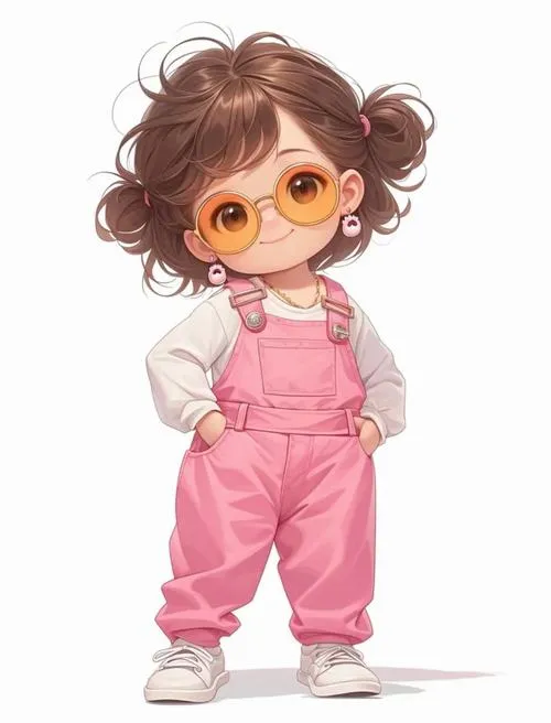 Cô nàng tóc xoăn, kính tròn vàng, yếm hồng, tay chống nạnh, nhìn lanh lợi.