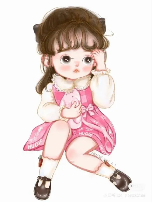 Nhân vật váy hồng, ngồi nghiêng, tóc búi, chạm má ngại ngùng, cực dễ mến.