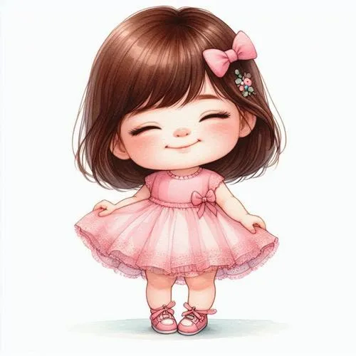 Nàng nhỏ váy hồng, nhắm mắt cười, tay buông nhẹ, tông pastel mềm mại.