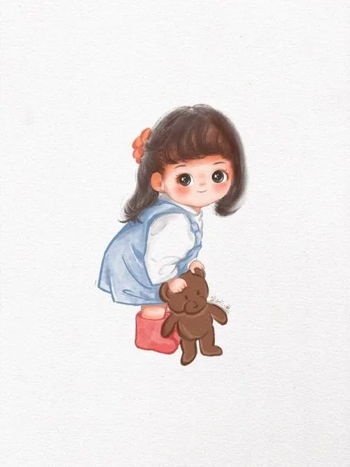 Nhóc con áo xanh, ôm gấu nâu, đứng một mình, cảm giác nhỏ xíu hiền hiền.