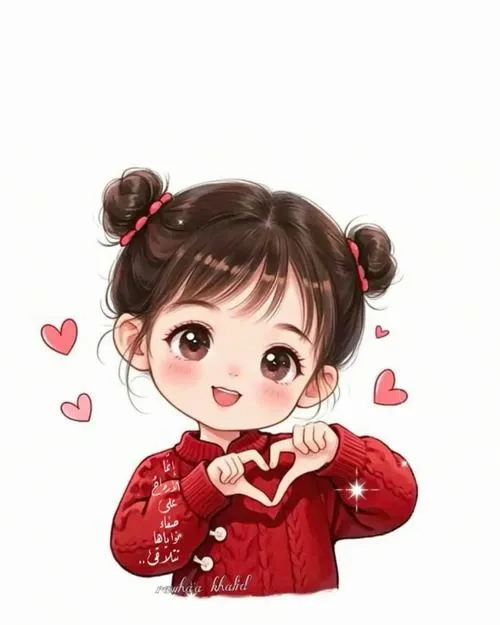Cô bé áo đỏ, hai búi tóc, tạo tay hình tim, tim bay quanh siêu đáng yêu.