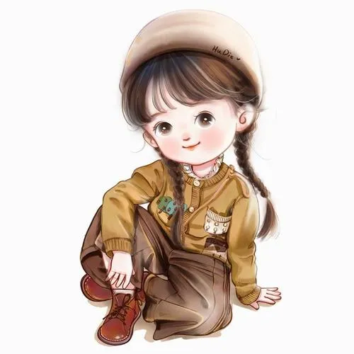 Nhân vật đội mũ be, mặc đồ nâu, ôm bó hoa nhỏ, ánh mắt trong veo dịu ngọt.