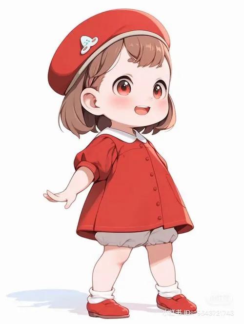 Cô nhóc váy đỏ, đội mũ nồi đỏ, má hồng, xoay nhẹ như đang tạo dáng.