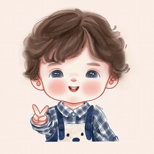 Cậu bé tóc xoăn, áo caro xanh, giơ tay chữ V, mắt long lanh thân thiện.