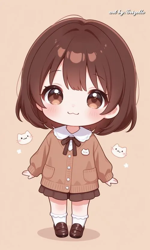 Hình ảnh chibi bé gái mùa đông, áo len dày và khăn quàng màu kem sữa