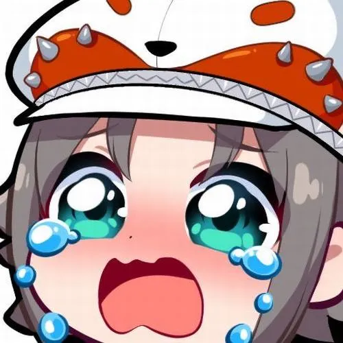 Cô bé chibi đội mũ cam, mắt trào lệ to, khóc nấc vì tủi thân.