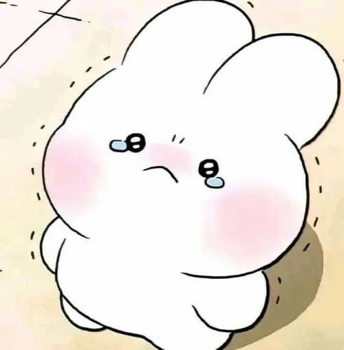 Thỏ bông chibi má hồng, mắt ươn ướt, buồn nhẹ như sắp bật khóc.