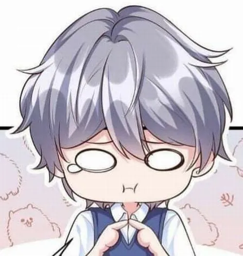 Cậu chibi tóc bạc đeo kính, mắt ướt nhòe, tay chắp lại như xin an ủi.