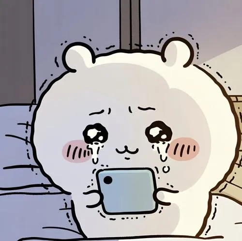 Gấu trắng chibi nằm giường ôm điện thoại, mắt long lanh, buồn vì chờ tin nhắn.