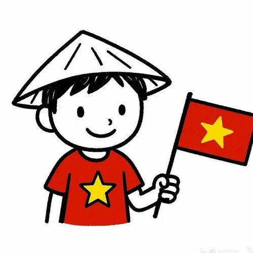 Ảnh hoạt hình chibi đứng bố cục trung tâm nền tối giản tạo vibe yêu nước