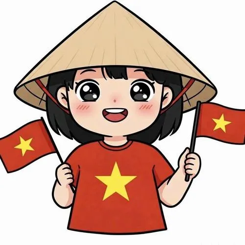 Hình minh họa chibi cầm cờ Việt Nam với mắt long lanh má hồng đậm