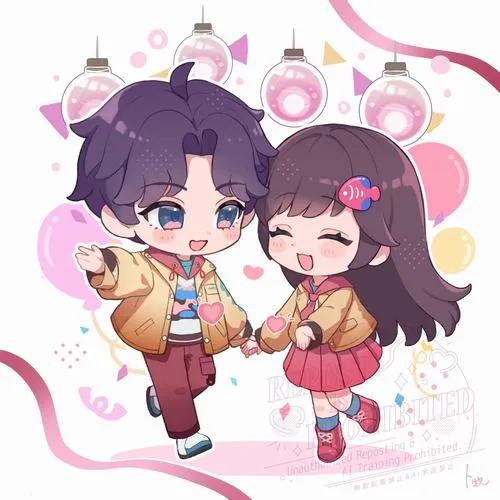 Chibi cặp đôi tông tím, thêm thú cưng và bánh kẹo, vibe gia đình nhỏ ấm áp.