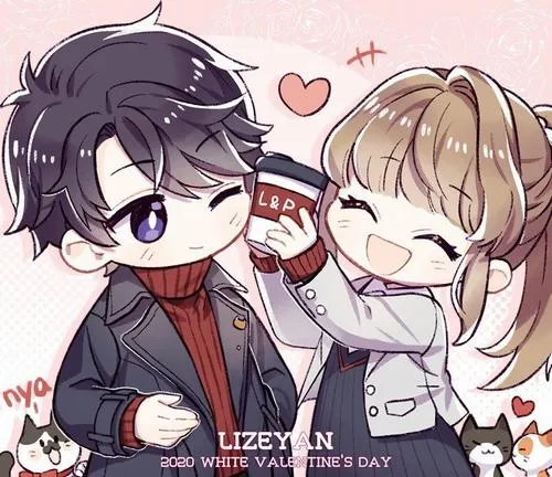 Chibi đôi nắm tay, cậu tặng trái tim nhỏ, cô nàng đỏ má cười tít.