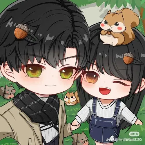 Chibi hai cậu bạn kề vai, mắt xanh lấp lánh, thêm gấu nhỏ tạo cảm giác ấm áp.