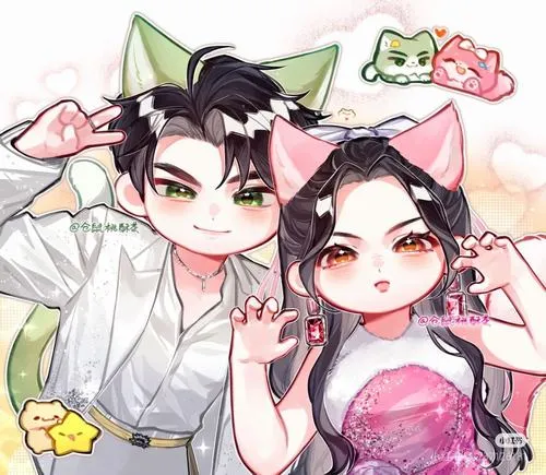 Cặp chibi tai mèo, tạo dáng tình tứ, màu hồng dịu ngọt, nhìn là thấy có đôi.