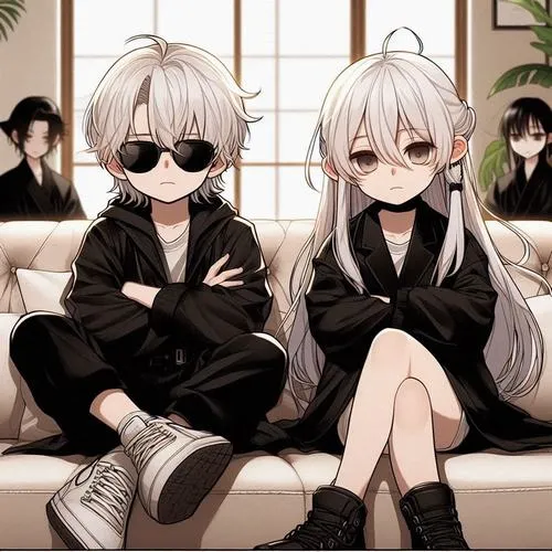 Cặp chibi tóc bạch kim, đồ đen cá tính, ngồi sát nhau, vibe lạnh mà cuốn.