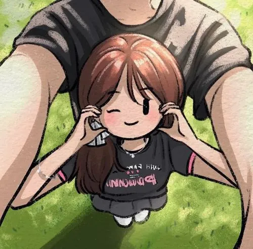 Chibi cô gái nằm trên cỏ, tay che tai, cảm giác được ôm ấp và bình yên.