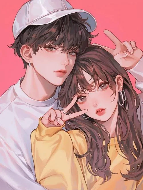 Cặp chibi phong cách ảnh đôi, chàng che chở nhẹ, nàng tựa vai, tông hồng ấm.