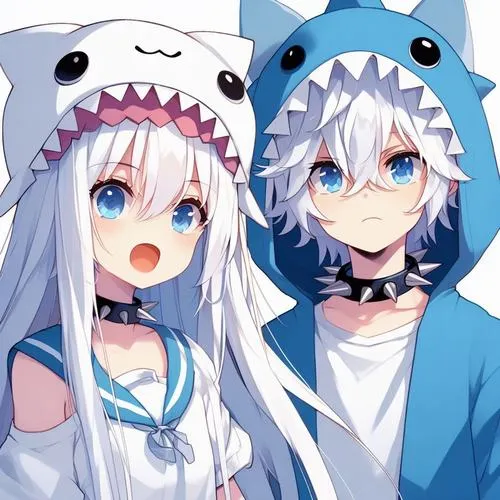 Chibi đôi mặc đồ cá mập xanh trắng, thần thái tinh nghịch, nhìn vừa ngầu vừa cưng.