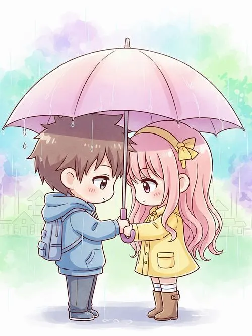 Chibi đôi che chung ô, nền mờ sương, cảm giác yêu nhau giữa trời mưa rất thơ.