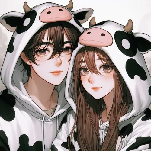 Cặp chibi mặc đồ bò sữa, tựa đầu sát má, vibe lầy lội mà vẫn ngọt.